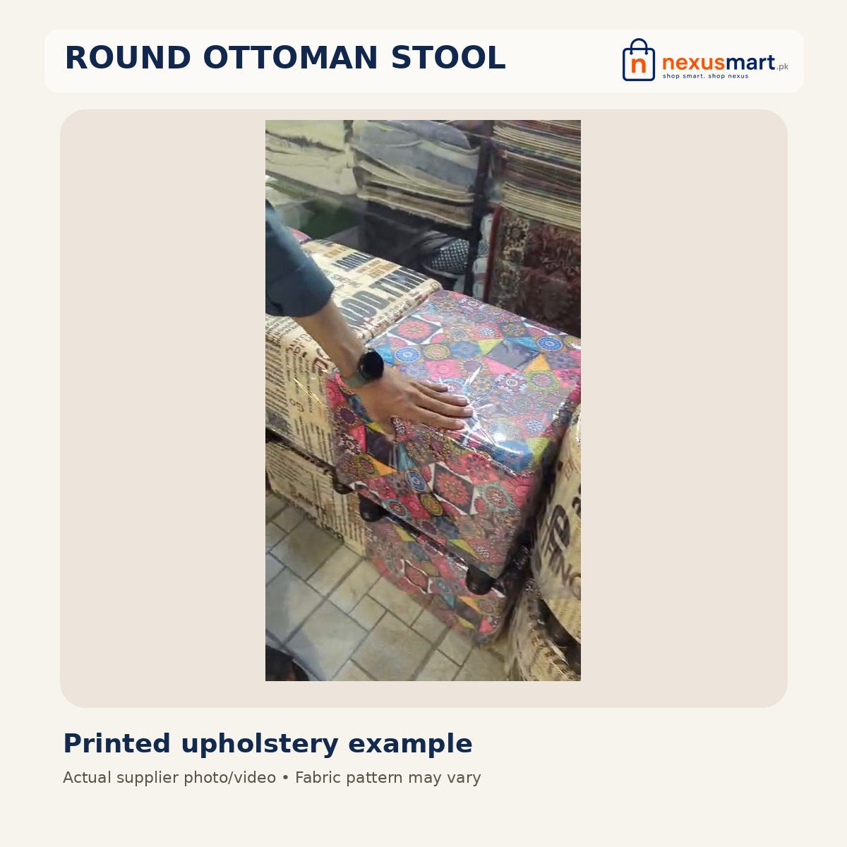 Round ottoman – vintage text pattern and turned style legs, supplier video still