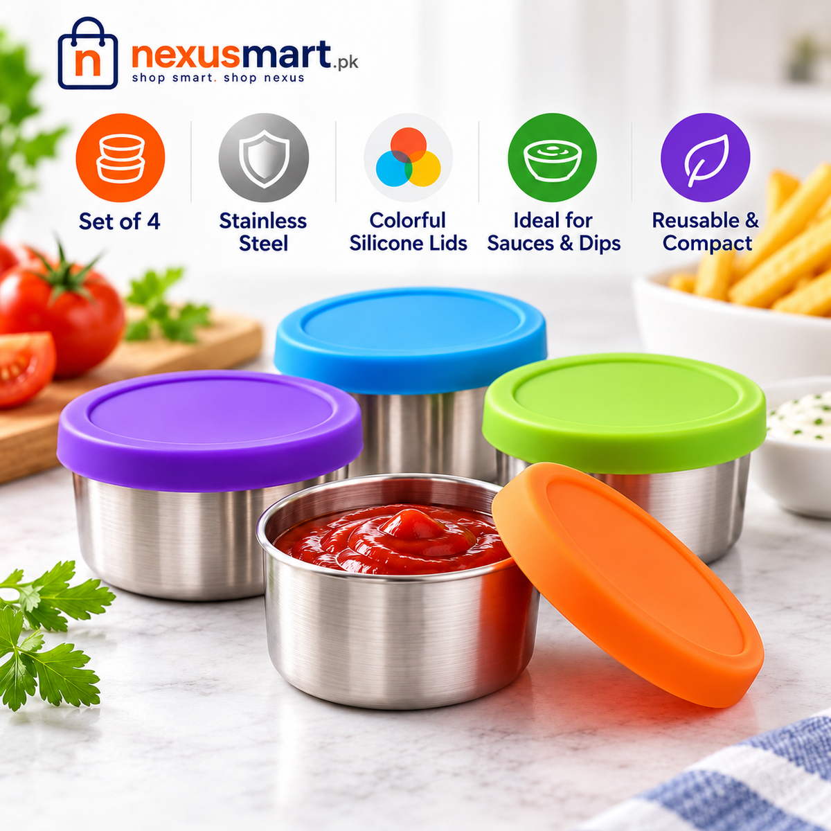Set of 4 Stainless Steel Sauce Containers with Colorful Silicone Lids – NexusMart.pk official branded product image