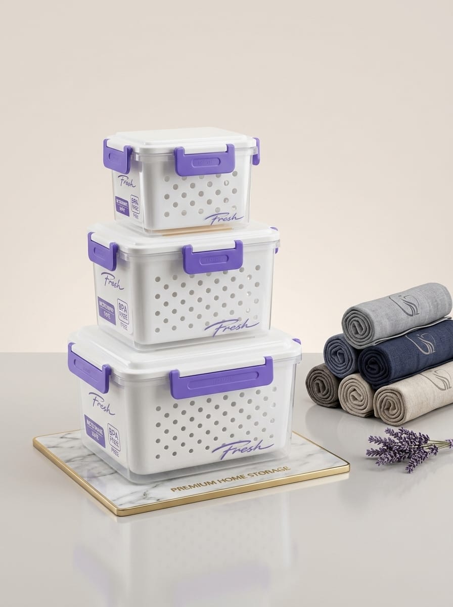Fresh Box set with purple locking clips – illustrative color image