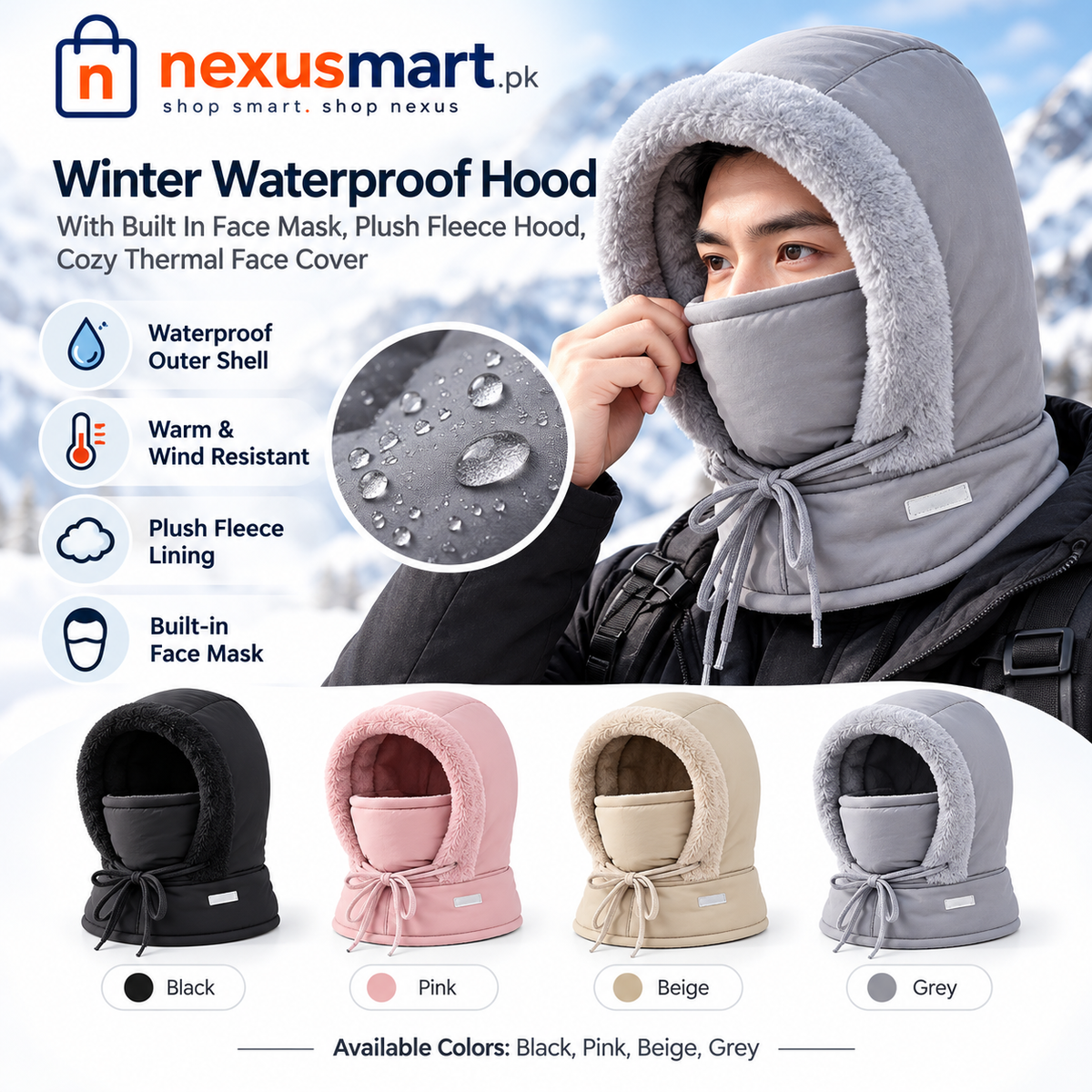Winter Waterproof Hood with Face Mask – NexusMart.pk branded main product image, thermal fleece and four available colors