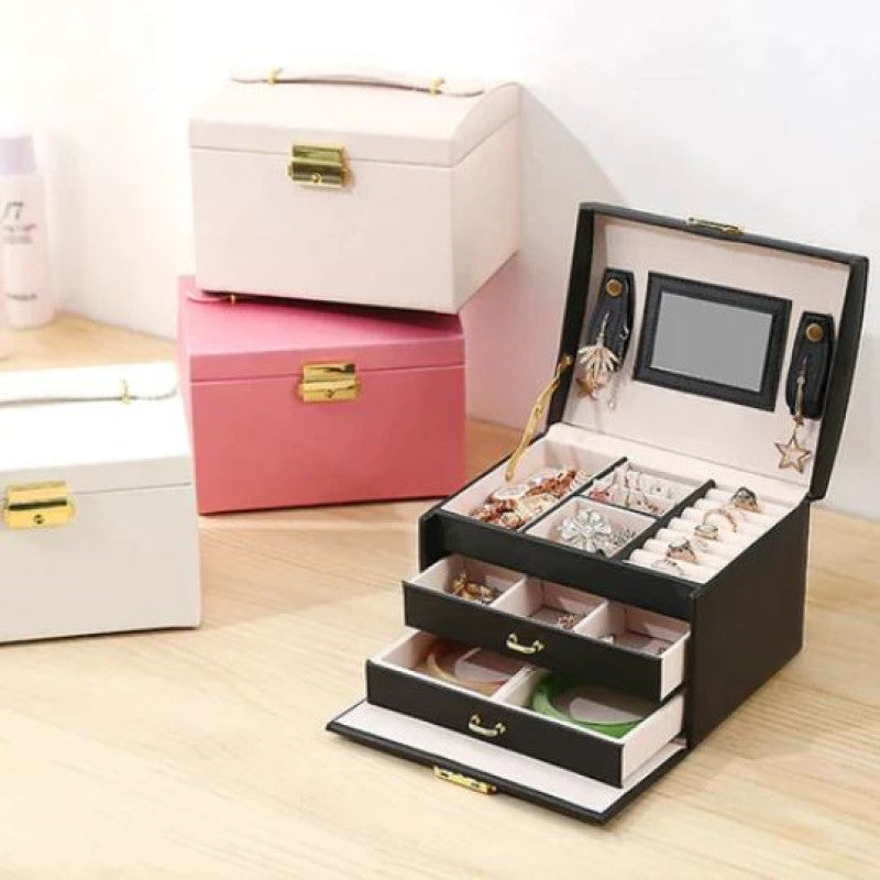 3 Layer Luxurious Large Capacity Jewellery Organizer Double Drawer Leather Box