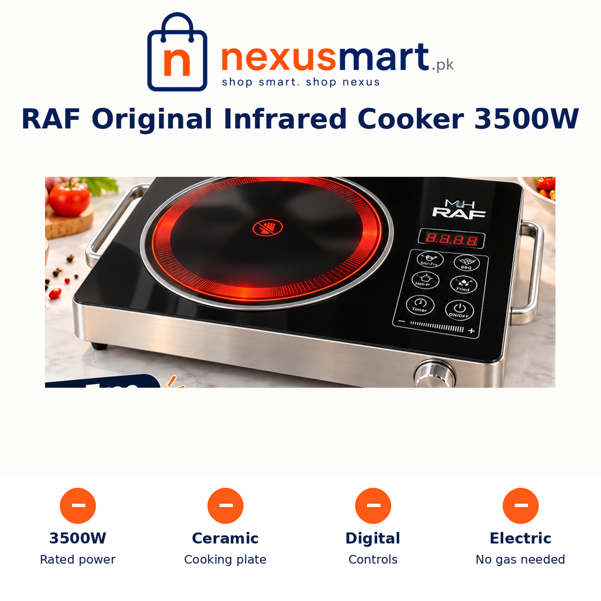 RAF Original 3500W Infrared Electric Cooker – Black Glass — NexusMart.pk