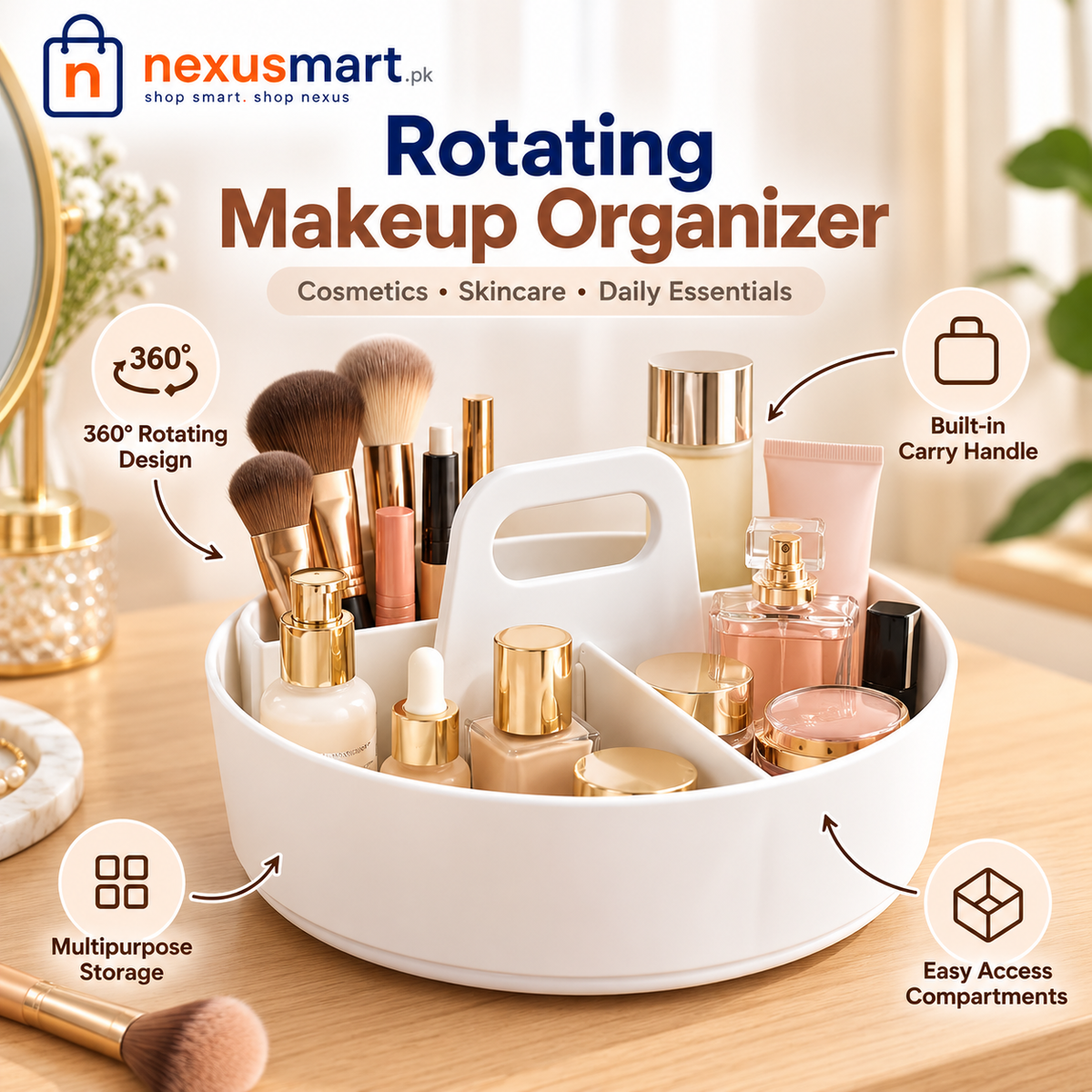 Rotating caddy organizing cosmetics makeup and skincare products