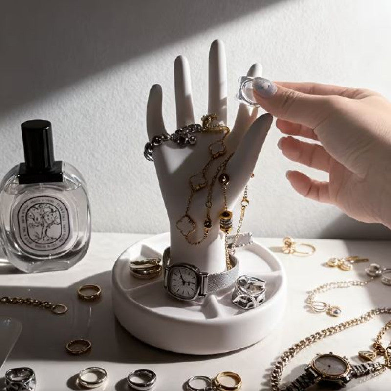 Hand Style Jewellery Stand with Dish Base for Rings & Necklaces