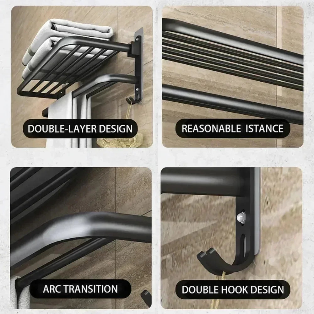 Wall Mounted Shower Towel Rack - Durable Black Steel