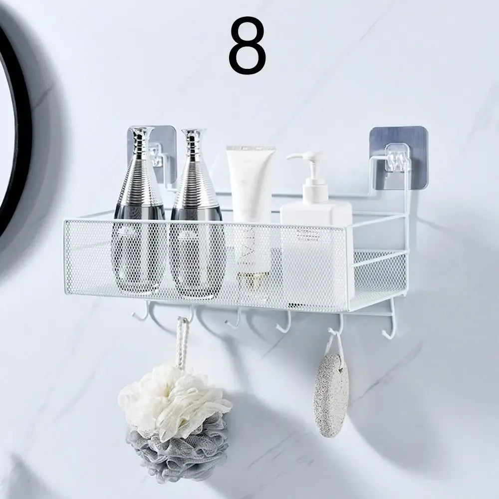 Wall Mounted Bathroom Shelf with Hooks - Black Mesh Organizer